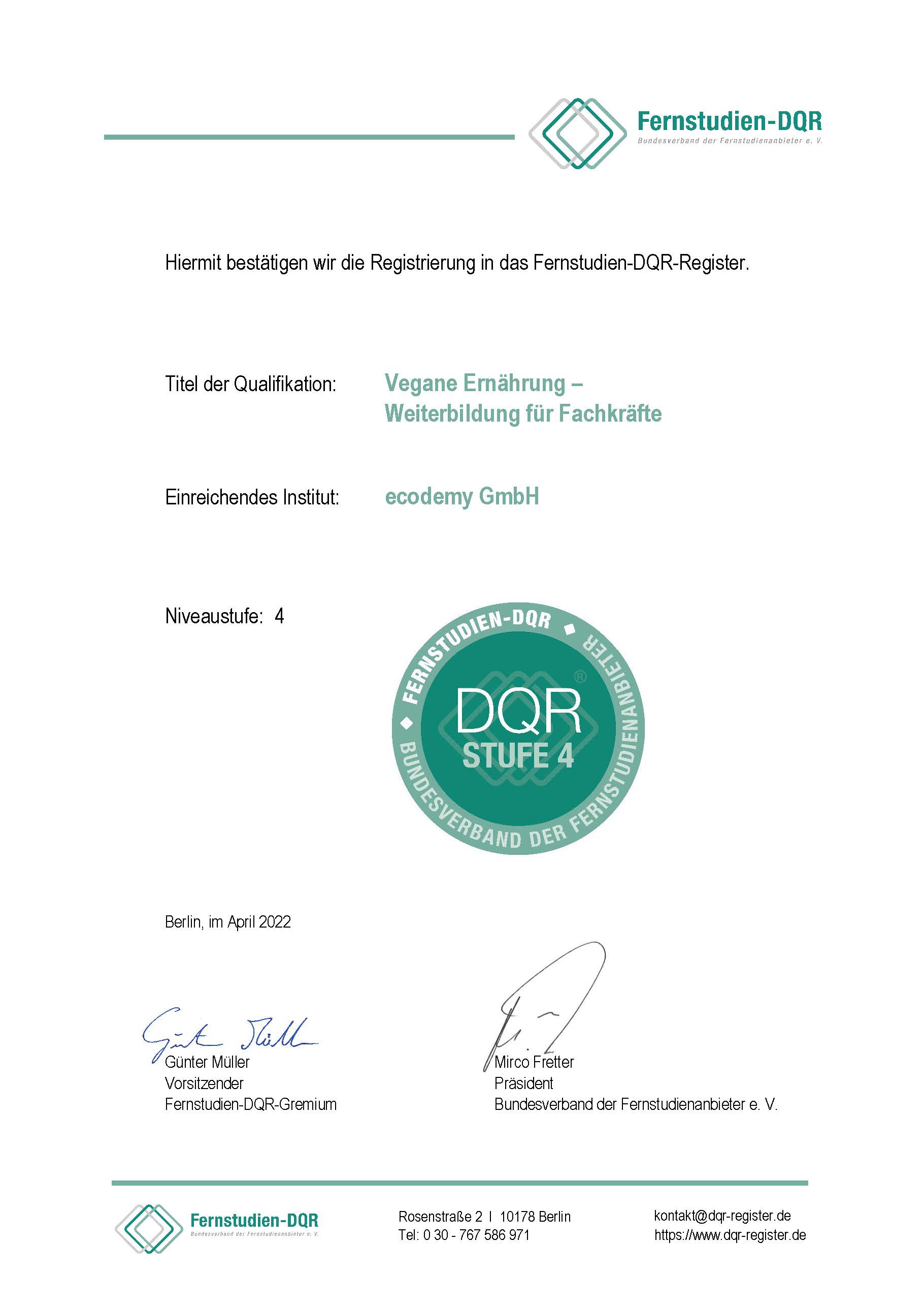 Fernstudien-DQR-Niveau ecodemy Vegane Ernährung Weiterbildung für Fachkräfte