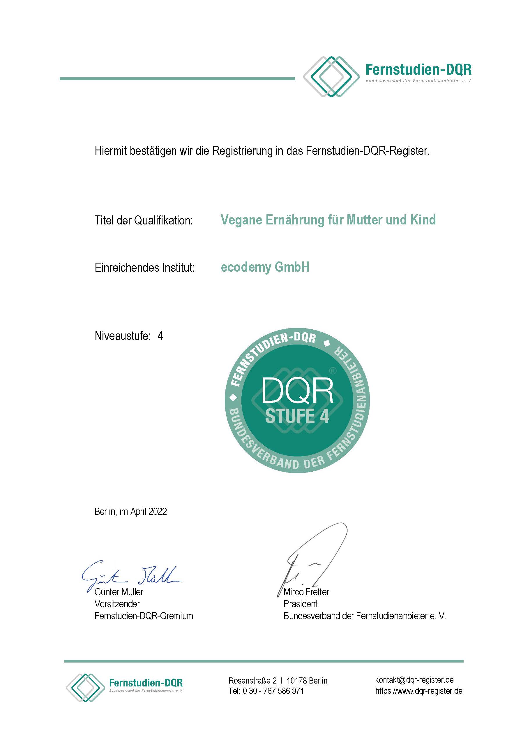 Fernstudien-DQR-Niveau ecodemy Vegane Ernährung für Mutter und Kind